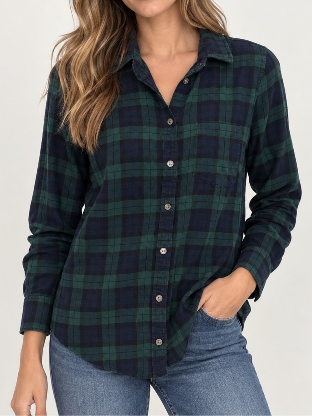J. Crew 100% Cotton Button Down Shirt Flannel Green Navy Blue Plaid Small